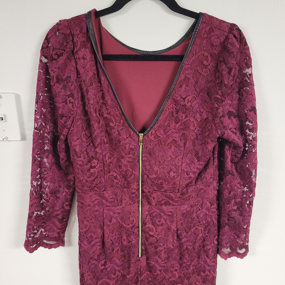 Cache Lace Zipper Front Midi Dress Burgundy‎ Long Sleeve V Neck L